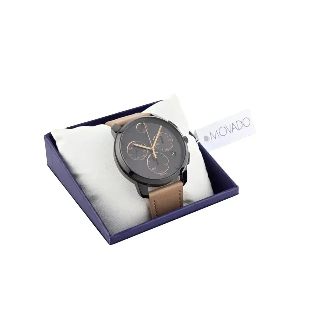 Movado Bold Chronograph 3600719 Black Dial Beige Leather Strap Watch NIB $695